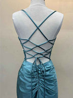 Yellow Satin Mermaid Prom Dress With Scoop Neck Beading Slit