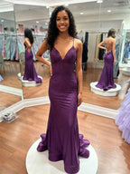 Blue Sequin V Neck Long Mermaid Prom Dress With Train