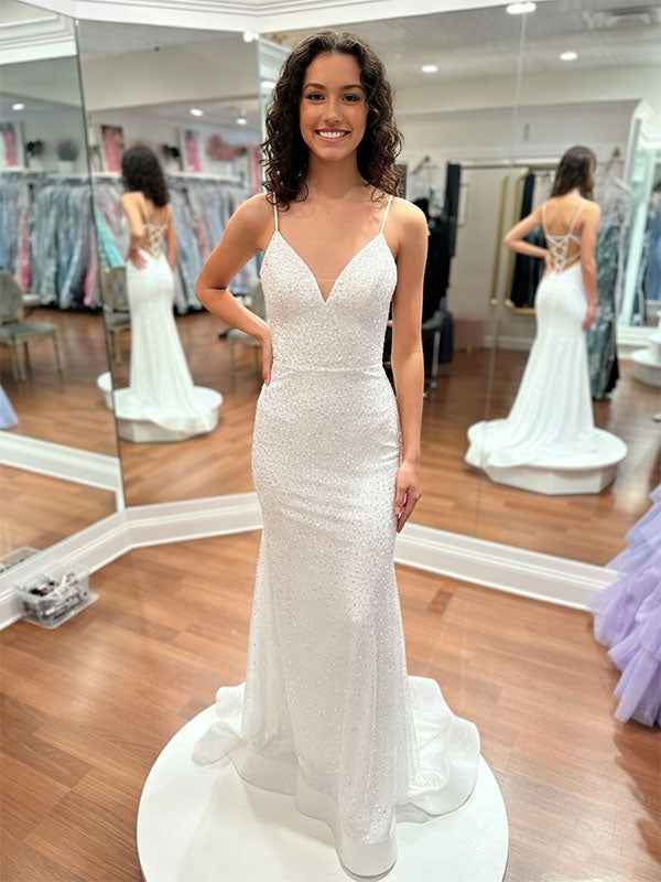 Blue Sequin V Neck Long Mermaid Prom Dress With Train