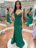 Blue Sequin V Neck Long Mermaid Prom Dress With Train