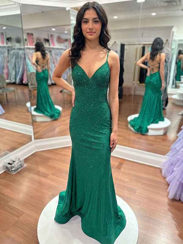Blue Sequin V Neck Long Mermaid Prom Dress With Train