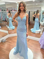 Blue Sequin V Neck Long Mermaid Prom Dress With Train