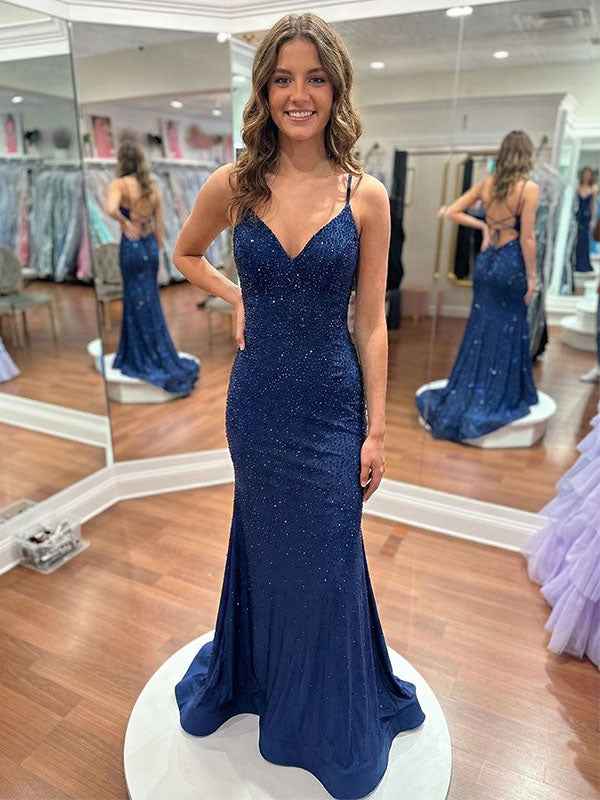 Blue Sequin V Neck Long Mermaid Prom Dress With Train