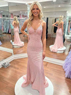 Blue Sequin V Neck Long Mermaid Prom Dress With Train