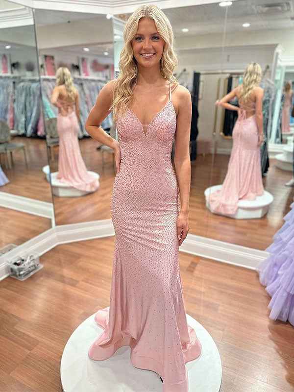 Blue Sequin V Neck Long Mermaid Prom Dress With Train