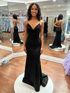Blue Sequin V Neck Long Mermaid Prom Dress With Train