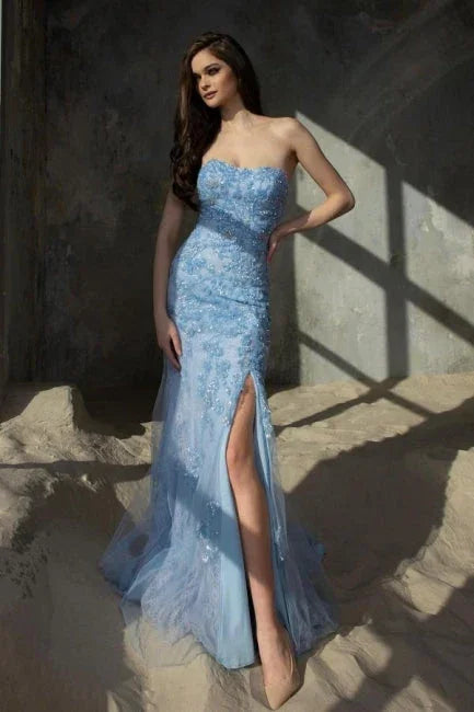 Blue Strapless Column High Split Floor Length Tulle Prom Dress