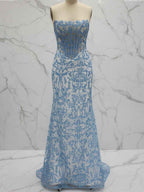 Blue Pearl Beaded Strapless Corset Long Prom Dress With Rhinestone Detail