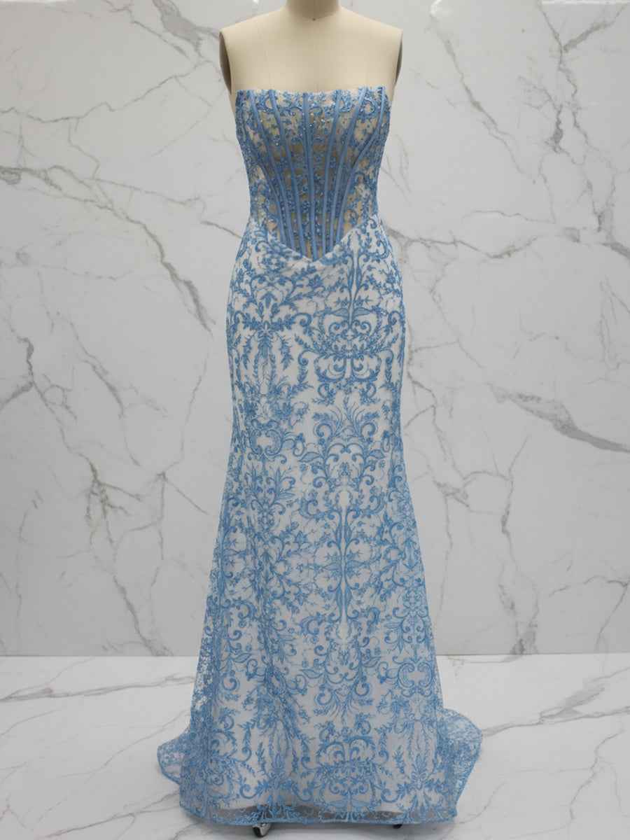 Blue Pearl Beaded Strapless Corset Long Prom Dress With Rhinestone Detail
