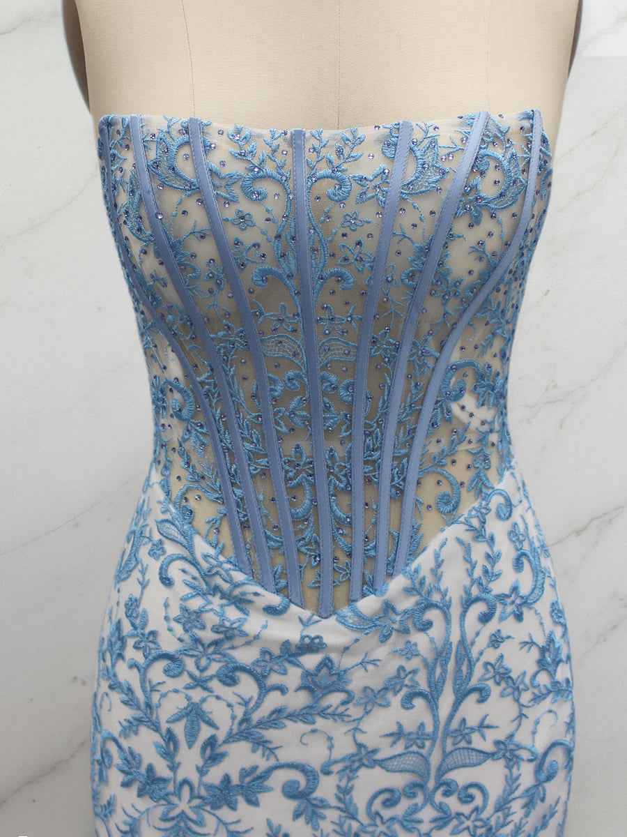 Blue Strapless Pearl Beaded Ruched Long Corset Prom Dress