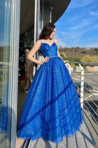 A-Line Tulle Long Prom Dress Sparkly Formal Evening Dresses