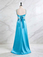 Blue A Line V Neck Beaded Back Tie Long Prom Dress