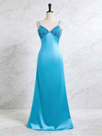 Blue V Neck Beaded Satin A Line Long Prom Dress With 3D Floral Lace