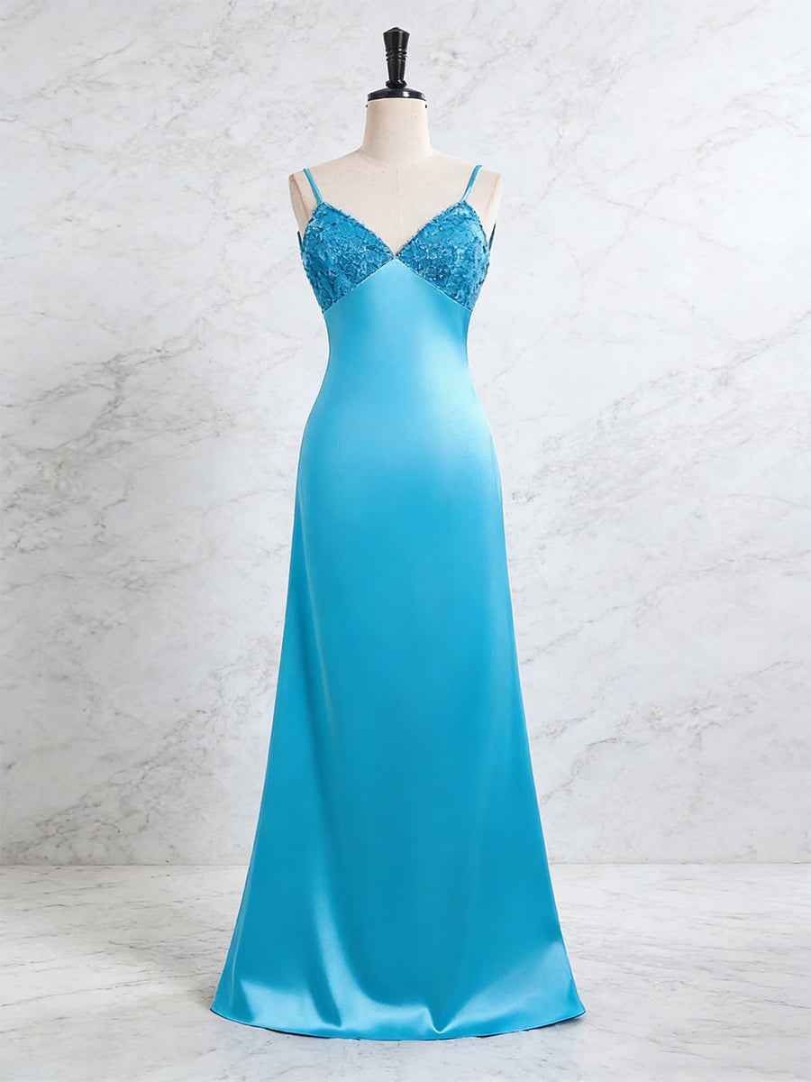Blue V Neck Beaded Satin A Line Long Prom Dress With 3D Floral Lace