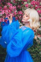 Blue Lace Applique Illusion Sleeves Tulle Long Prom Dress with Slit
