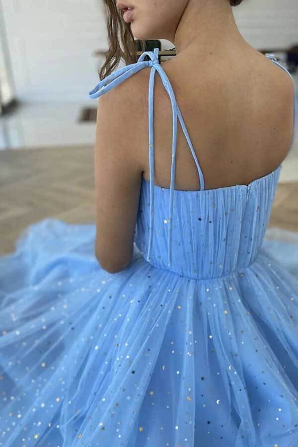 Blue Sequins Tulle Tea Length Short Prom Dresses, Homecoming Dresses