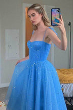 Blue Sequins Tulle Tea Length Short Prom Dresses, Homecoming Dresses