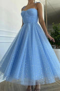 Blue Sequins Tulle Tea Length Short Prom Dresses, Homecoming Dresses