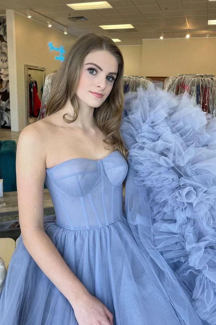 Blue Strapless Tulle Long Formal Dresses SYP168