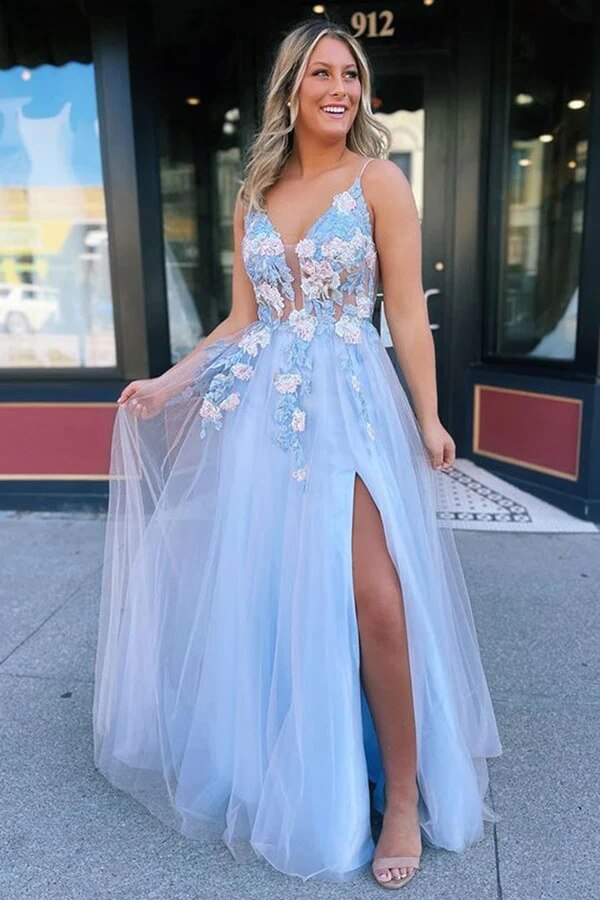 Tulle A-line V-neck Lace Flowers Long Prom Dresses, Evening Dress