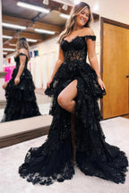 Blue Tulle Appliques Off-the-Shoulder Ruffle Long Prom Dress