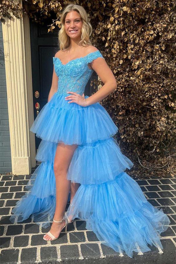 Vestido de fiesta de tul con encaje y hombros descubiertos, de capas altas y bajas