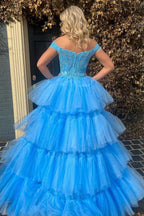 Vestido de fiesta de tul con encaje y hombros descubiertos, de capas altas y bajas