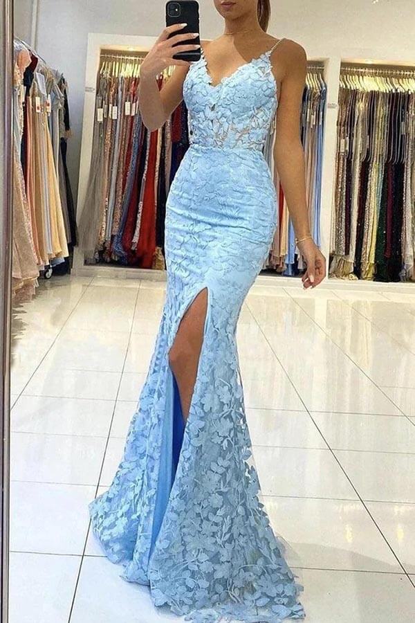 Robe de bal longue sirène en tulle, dos nu, col en V avec applications en dentelle