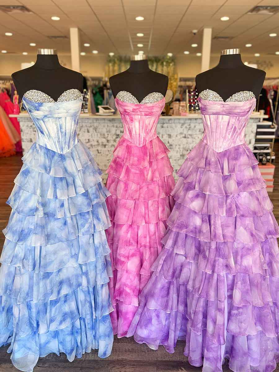 Blue Tiered Ruffled Corset Prom Dress With Crystal Sweetheart Neckline
