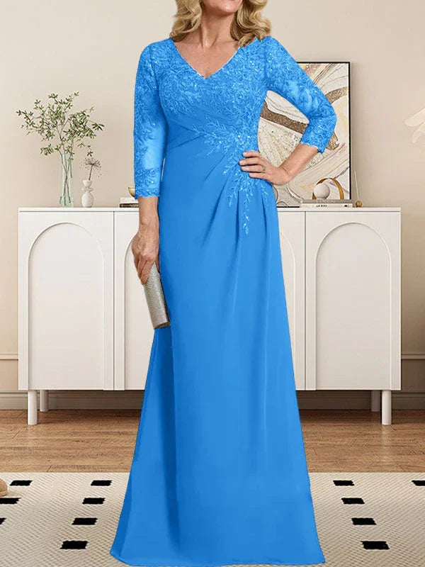 Vestido de madrina de novia con escote en V ilusión, corte columna, largo hasta el suelo, de encaje y gasa con lentejuelas plisadas