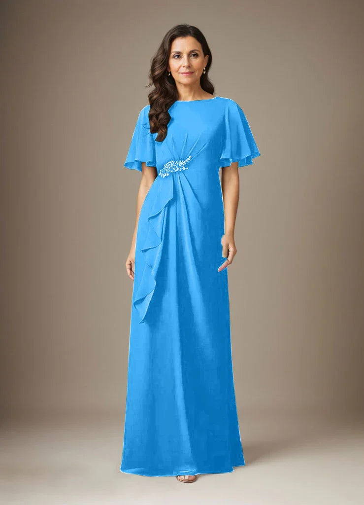 Abito a guaina blu scuro in chiffon con perline
