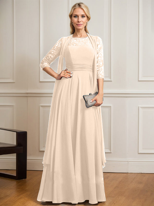 A-line Scoop Illusion Floor-Length Lace Chiffon Mother of the Bride Dress With Pleated