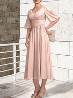 A-line V-Neck Tea-Length Lace Chiffon Mother of the Bride Dress With Pleated