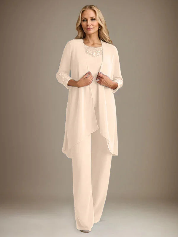 Chiffon Scoop Long Sleeves Mother Of The Bride Pantsuits With Jacket