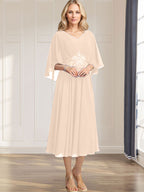 A-line V-Neck Tea-Length Chiffon Mother of the Bride Dress With Pleated Sequins Appliques Lace Beadind
