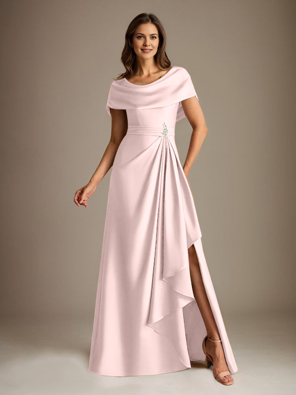 A-Line Scoop Floor-Length Stretch Satin Mother of the Bride Dress With Cascading Ruffles