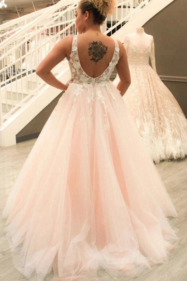 Blush Pink Tulle Ball Gown Wedding Dress Deep V Neck Open Back And Sweep Train