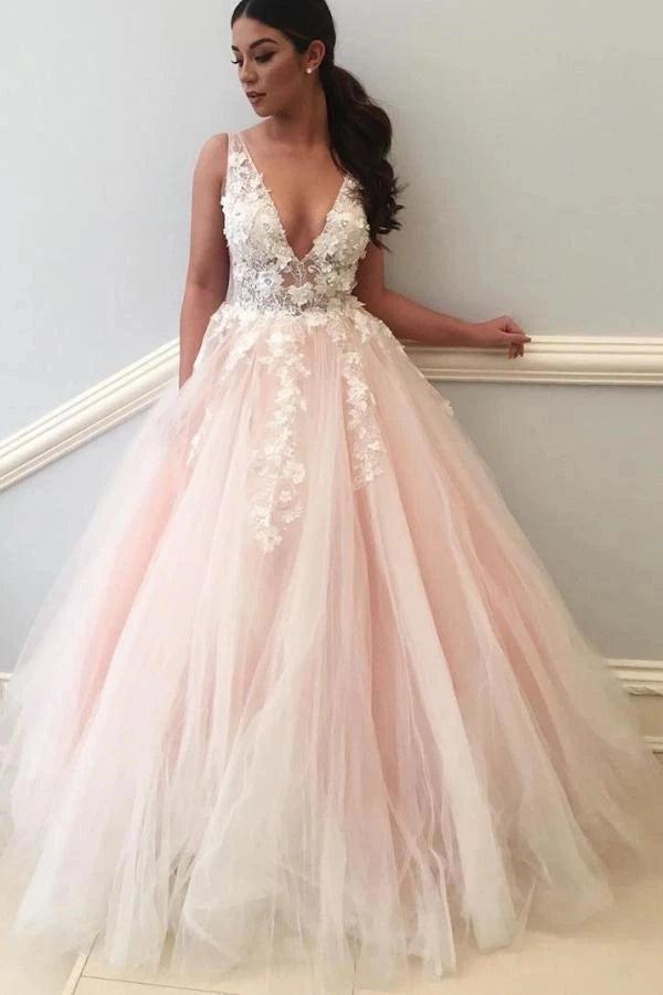 Blush Pink Tulle Ball Gown Wedding Dress Deep V Neck Open Back And Sweep Train