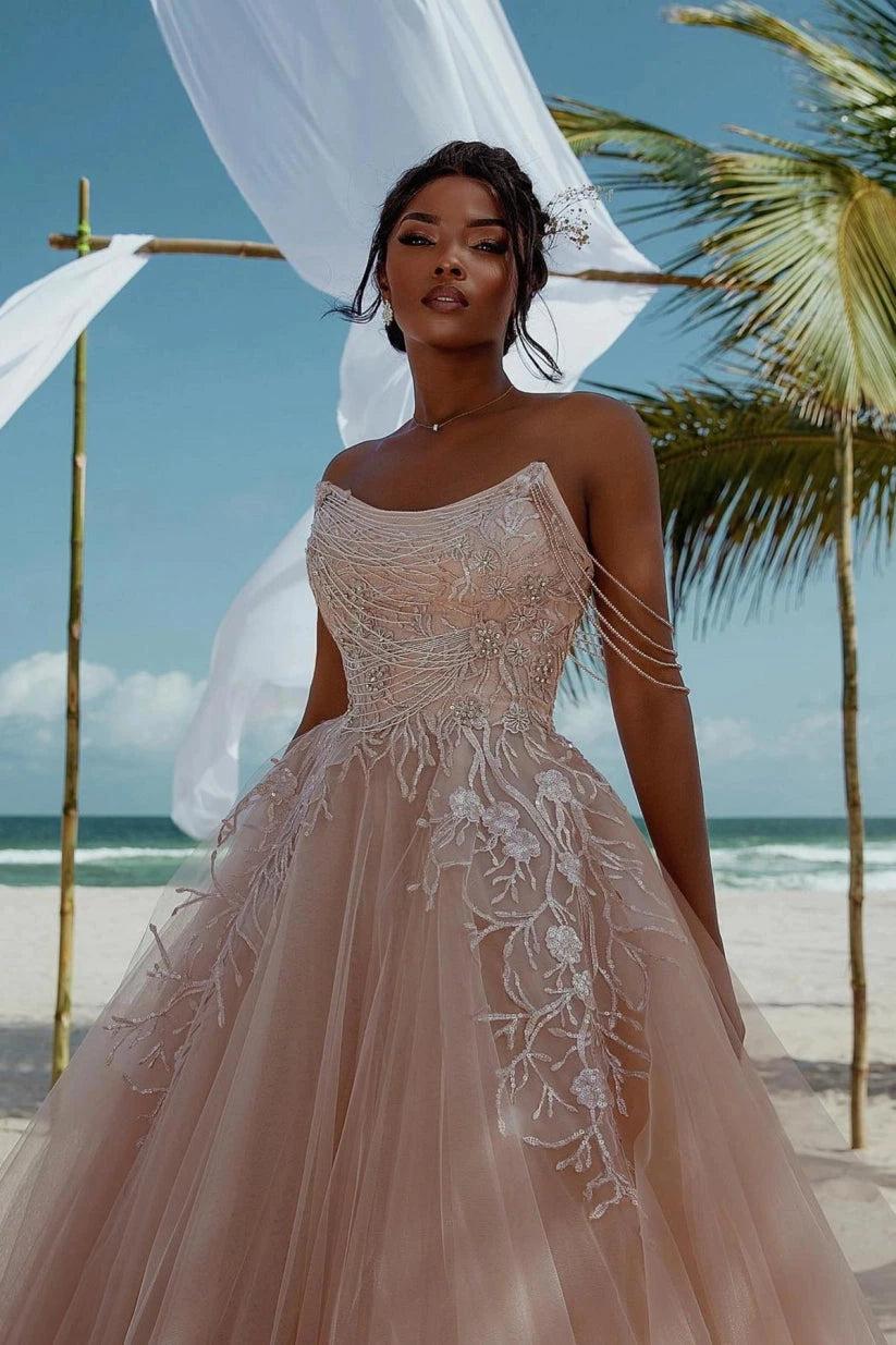 Blush Tulle Ball Gown Wedding Dress Strapless Floral Lace Embroidery Pearl Chain