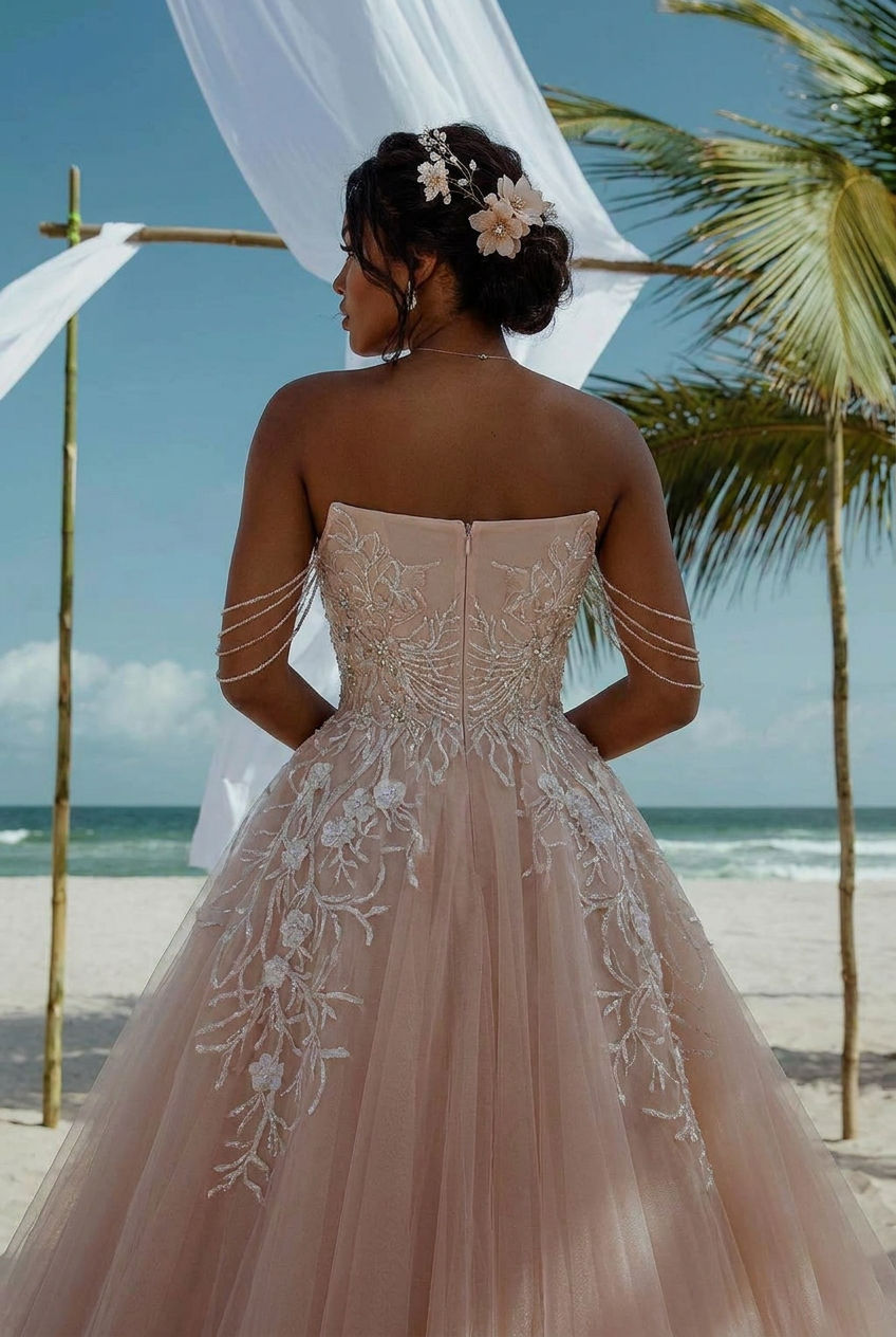 Blush Tulle Ball Gown Wedding Dress Strapless Floral Lace Embroidery Pearl Chain