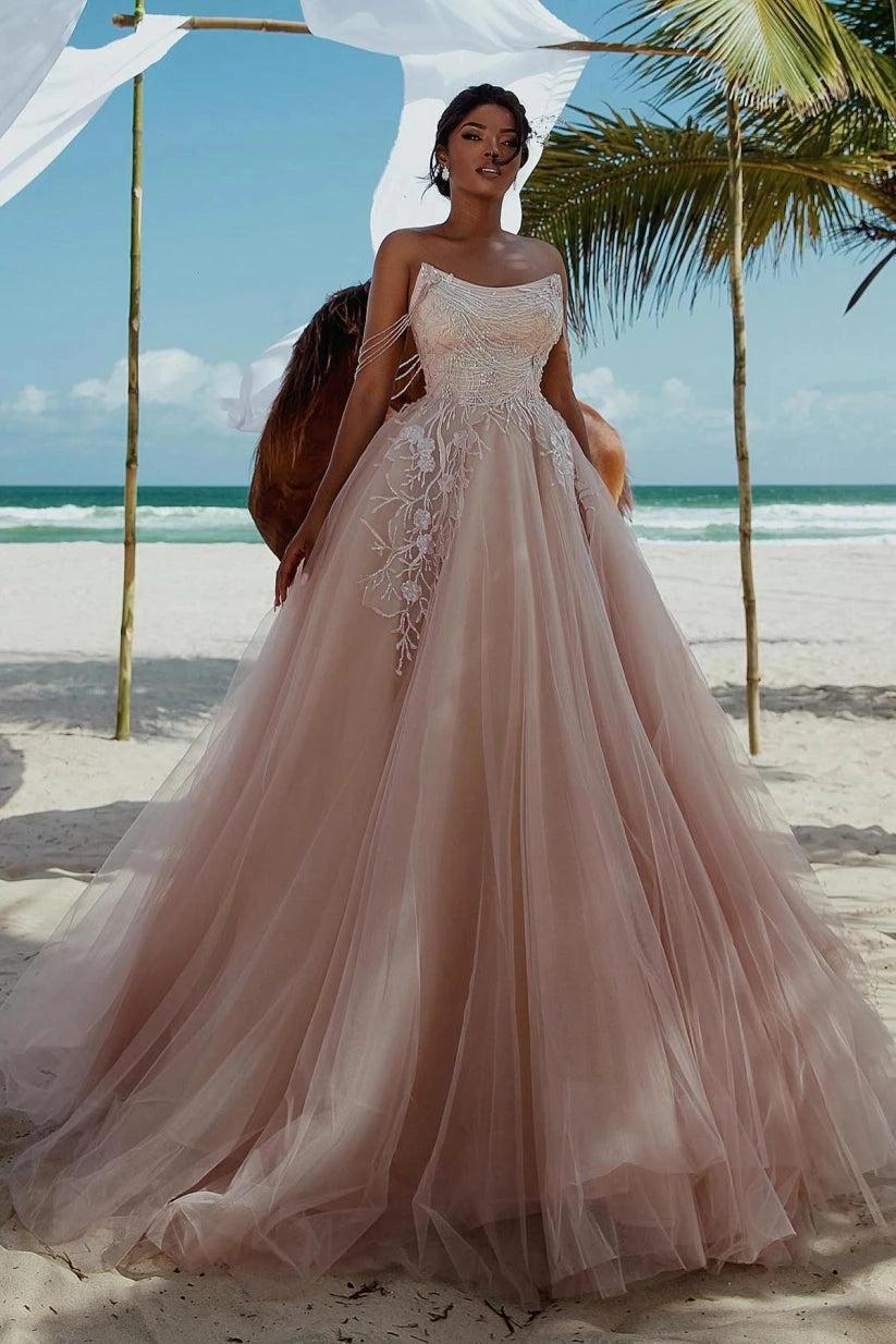 Blush Tulle Ball Gown Wedding Dress Strapless Floral Lace Embroidery Pearl Chain