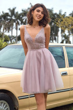 Blush Pink A-line V-neck Open Back Sequins Short Homecoming Dresses