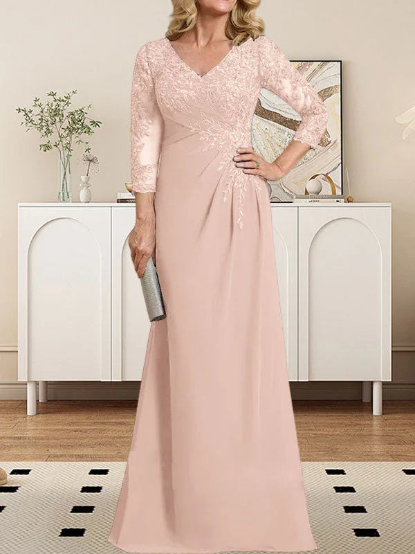 Vestido de madrina de novia con escote en V ilusión, corte columna, largo hasta el suelo, de encaje y gasa con lentejuelas plisadas