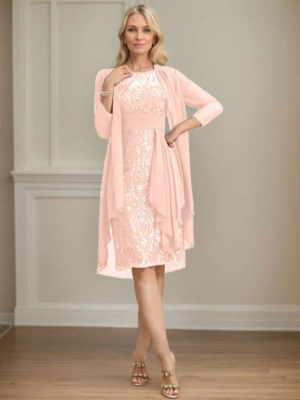 Etui/Säulenförmiges Kleid mit Illusion, knielang, aus Spitze und Chiffon, Brautmutterkleid mit herabfließenden Rüschen und Pailletten