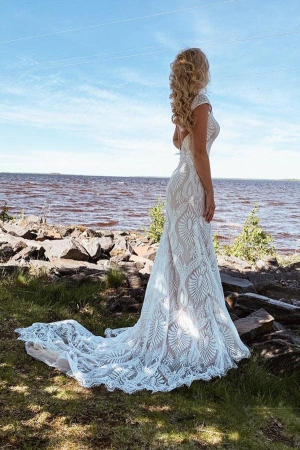 Boho Lace Sheath Sweep Train Sheath Beach Wedding Dresses