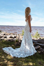 Boho Lace Sheath Sweep Train Sheath Beach Wedding Dresses