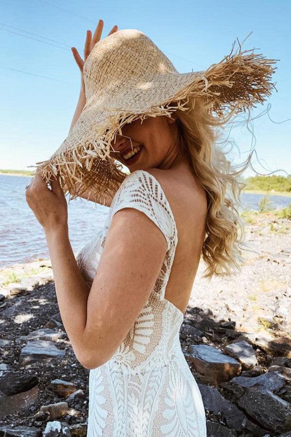 Boho Lace Sheath Sweep Train Sheath Beach Wedding Dresses