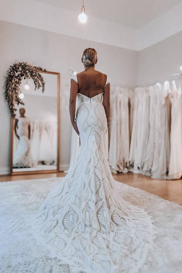 Boho Lace Sheath Sweep Train Sheath Beach Wedding Dresses