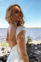 Boho Lace Sheath Sweep Train Sheath Beach Wedding Dresses