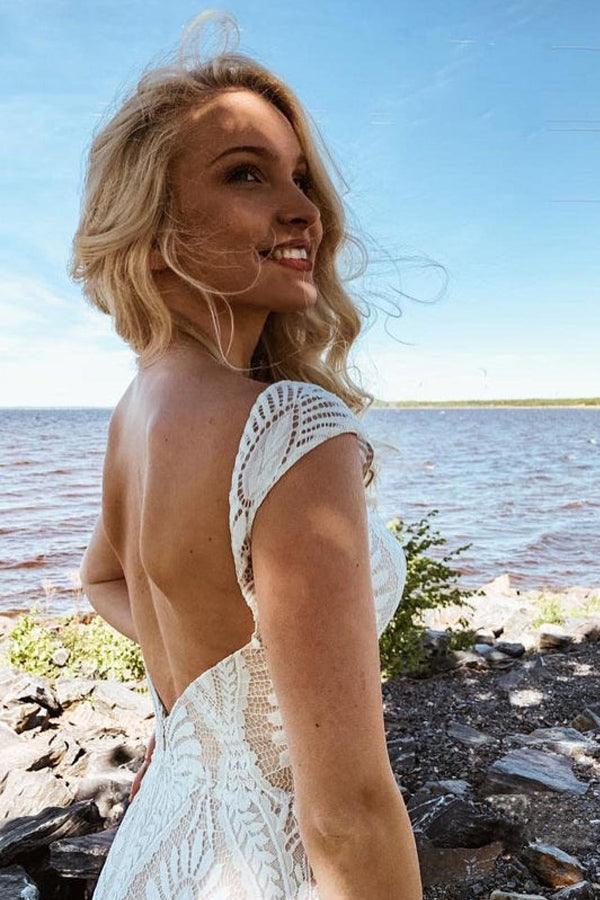 Boho Lace Sheath Sweep Train Sheath Beach Wedding Dresses